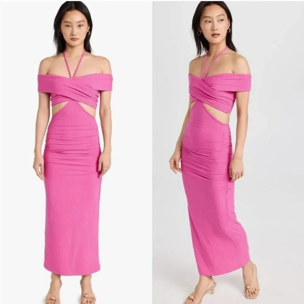 JONATHAN SIMKHAI NWT Akane Shaping Rib Off Shoulder Cutout Halter Tie Dr…
